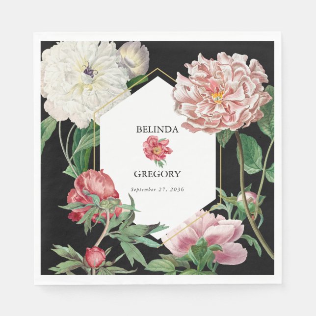 Watercolor Pink Peonies Flowers Wedding Black Napkin (Front)