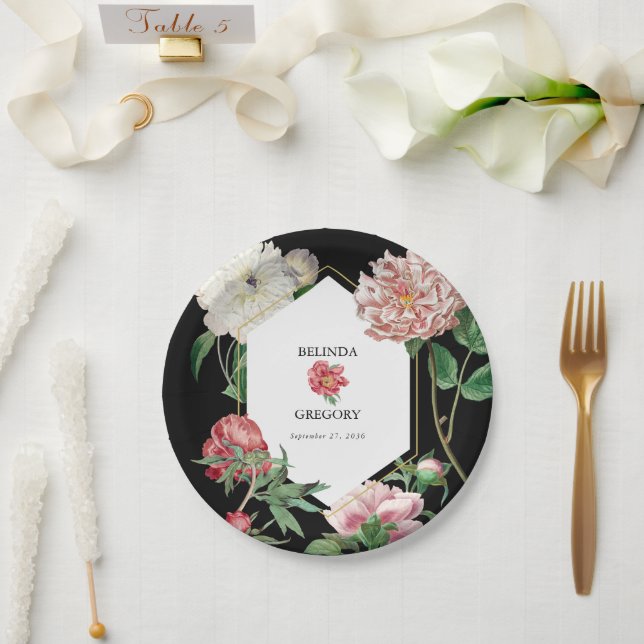 Watercolor Pink Peonies Flowers Wedding Black Paper Plate (Wedding)