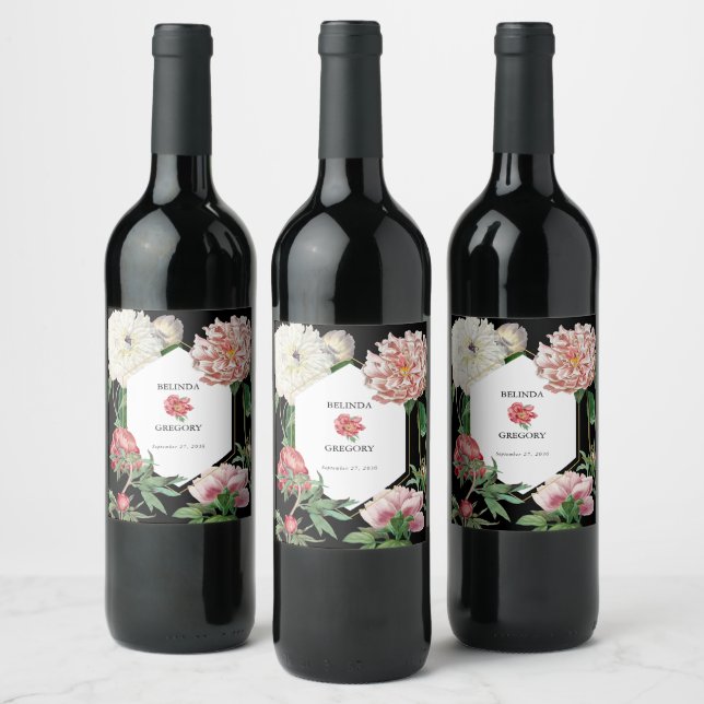Watercolor Pink Peonies Flowers Wedding Black Wine Label (Bottles)