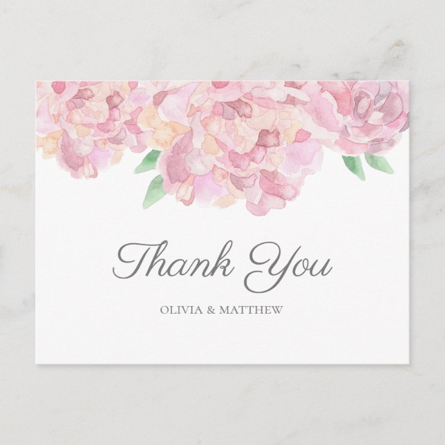Watercolor pink peonies. Garden wedding Thank You Postcard (Front)