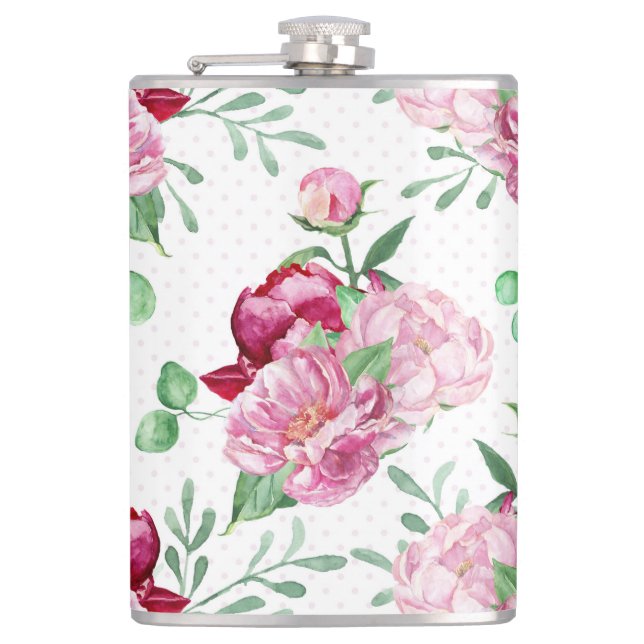 watercolor pink peonies hip flask (Front)
