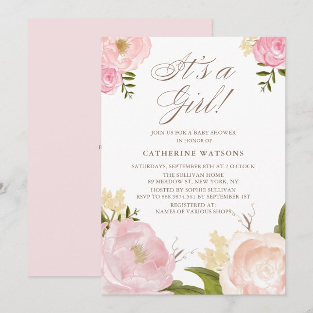 Watercolor Pink Peonies It's a Girl Baby Shower Invitation (Front/Back)