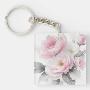 Watercolor Pink Peonies Key Ring