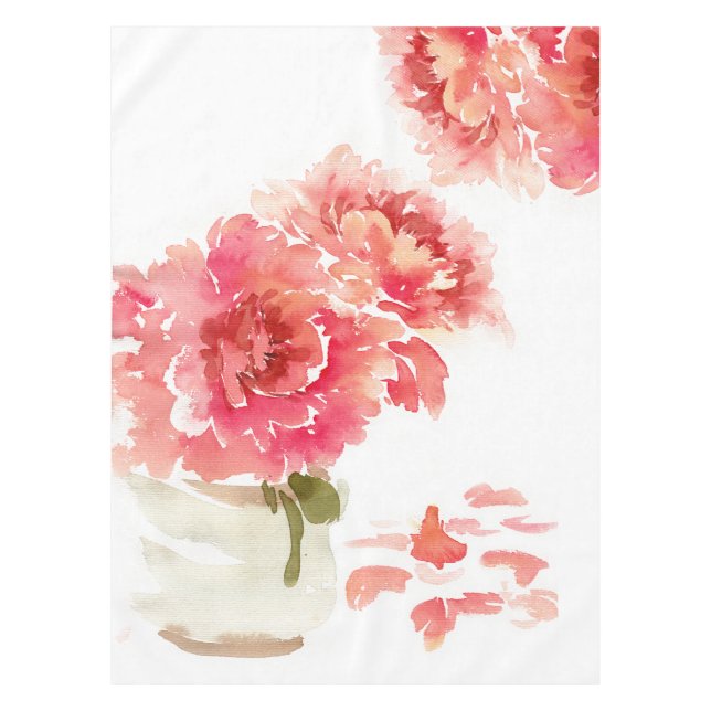 Watercolor Pink Peonies Mason Jar Wedding Tablecloth (Front)