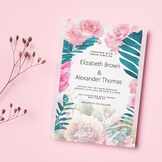 Watercolor pink peonies palm tree tropical wedding invitation (Watercolor pink peonies palm tree tropical wedding)