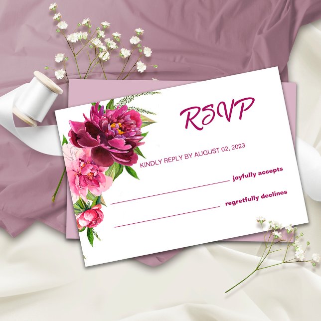 Watercolor Pink Peonies Rustic Wedding RSVP Card (Creator Uploaded)