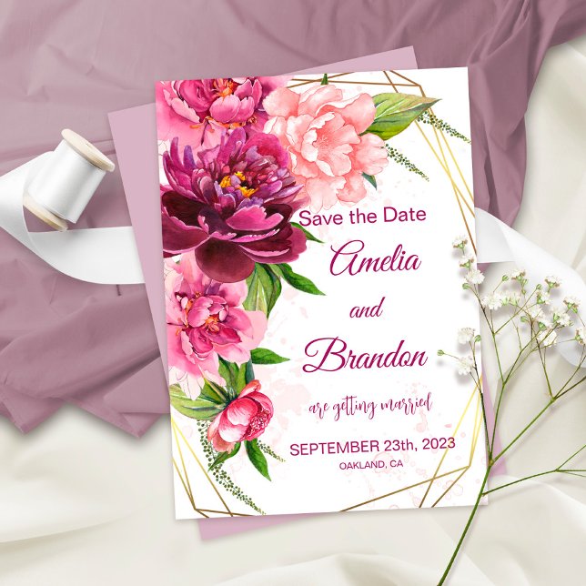Watercolor Pink Peonies Rustic Wedding Save The Date (Creator Uploaded)
