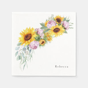 Watercolor Pink Peonies & Sunflower Bridal Shower Napkin