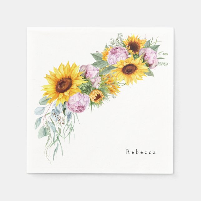 Watercolor Pink Peonies & Sunflower Bridal Shower Napkin (Front)