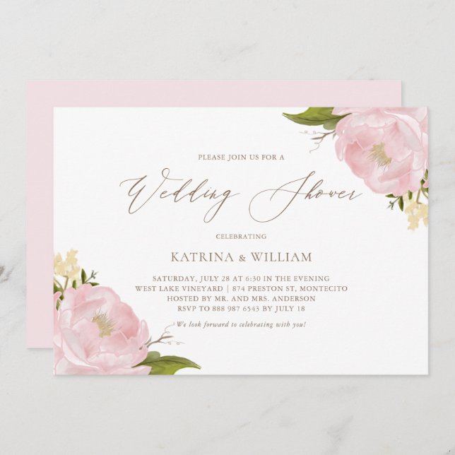 Watercolor Pink Peonies Wedding Shower Invitation (Front/Back)