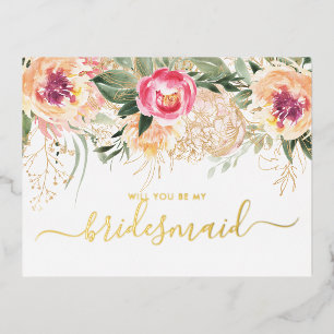 Watercolor Pink Peonies Will You Be My Bridesmaid Foil Invitation Postcard