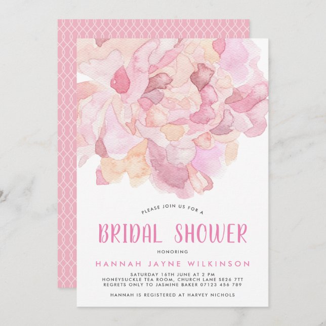Watercolor Pink Peony Bridal Shower Invitation (Front/Back)