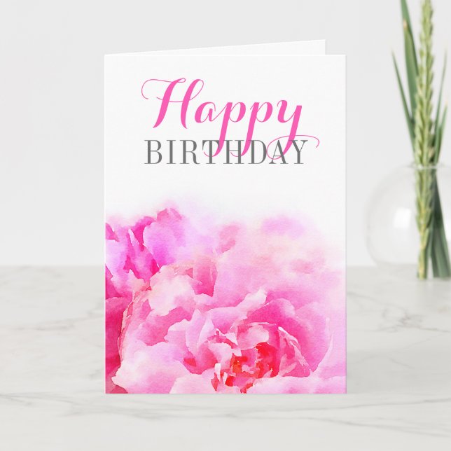 Watercolor Pink Peony Floral Birthday Card (Front)