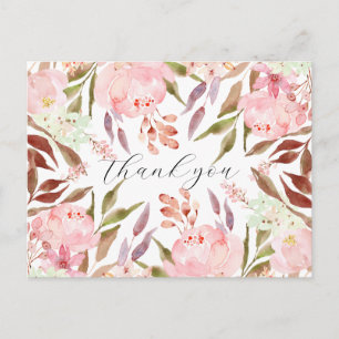 Watercolor Pink Peony Floral Thank You Postcard