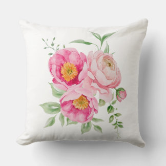Watercolor Pink Peony Floral Throw Pillow Cover