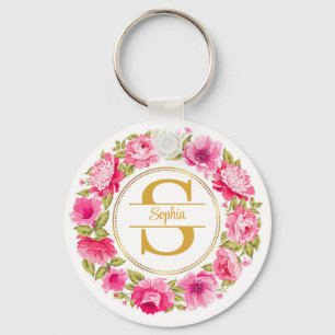Watercolor Pink Peony Floral Wreath Monogram Key Ring