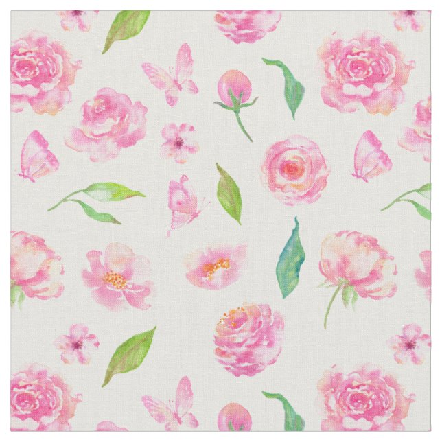Watercolor Pink Peony Pattern Fabric (Close Up)