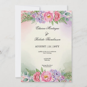 Watercolor Pink Peony Purple Hydrangea Wedding Invitation