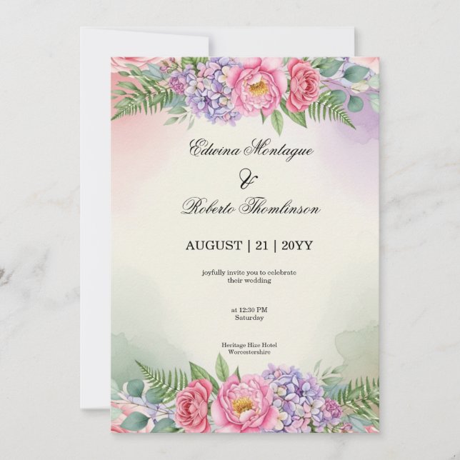 Watercolor Pink Peony Purple Hydrangea Wedding Invitation (Front)