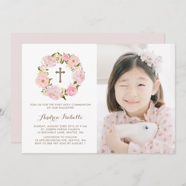 Watercolor Pink Peony Wreath Photo First Communion Invitation (Front/Back)