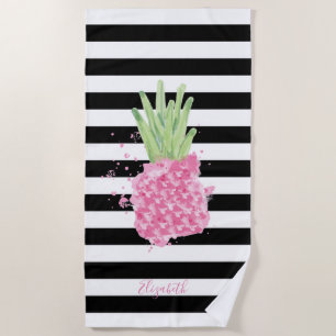 Watercolor Pink Pineapple, Black White Stripes Beach Towel