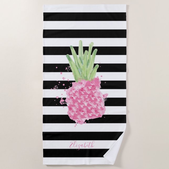 Watercolor Pink Pineapple, Black White Stripes  Beach Towel (Front)