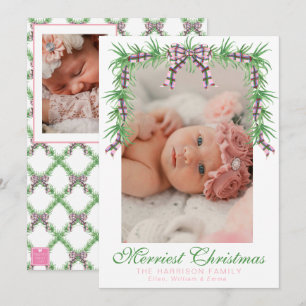 Watercolor Pink Plaid Bow Garland Swag Photo Holiday Card