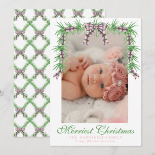 Watercolor Pink Plaid Bow Garland Swag Photo Holiday Card