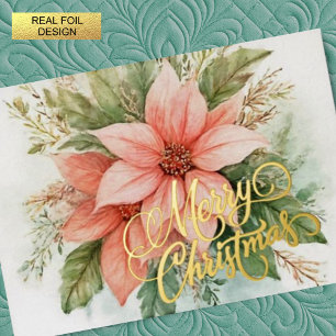 Watercolor Pink Poinsettia Christmas Foil Holiday Card