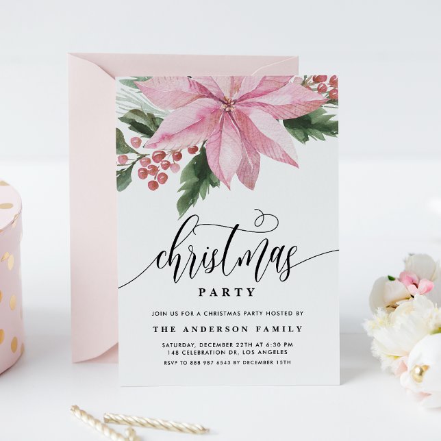 Watercolor Pink Poinsettia Holly Christmas Party Invitation (Creator Uploaded)