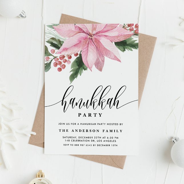Watercolor Pink Poinsettia Holly Hanukkah Party Invitation (Creator Uploaded)