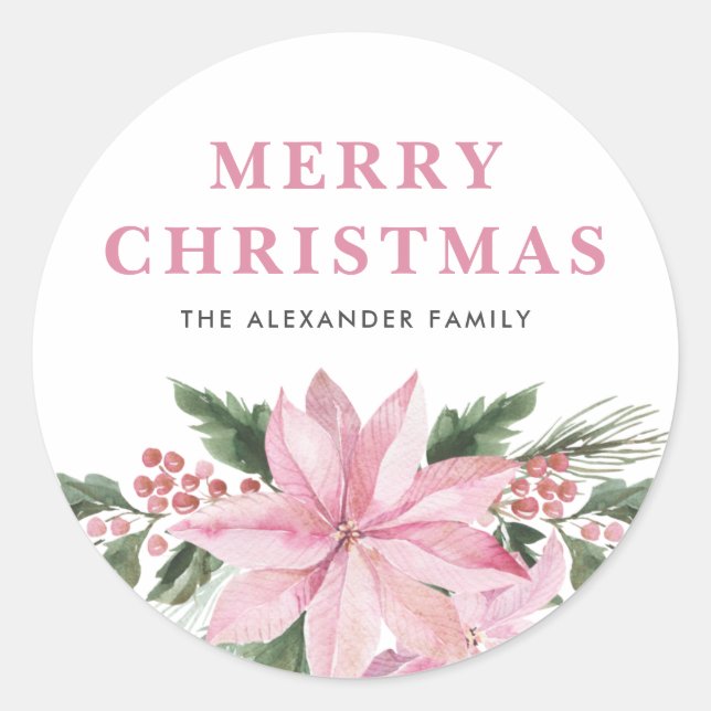 Watercolor Pink Poinsettia Merry Christmas Classic Round Sticker (Front)