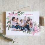 Watercolor Pink Poinsettia Merry Christmas Photo Holiday Card<br><div class="desc">Merry Christmas! Customisable floral Christmas flat card featuring watercolor illustrations of pink poinsettias,  berries,  cotton and hollies. Personalise by adding photos and your texts. This pink floral Christmas card is available in a variety of cardstock. Send holiday greetings to family and friends with this pretty pink botanical Christmas card.</div>
