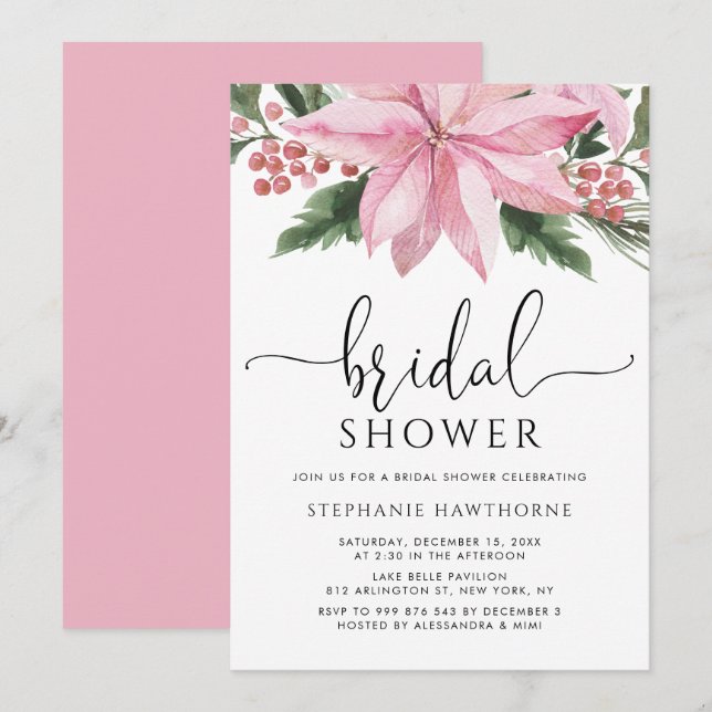 Watercolor Pink Poinsettia Winter Bridal Shower Invitation (Front/Back)
