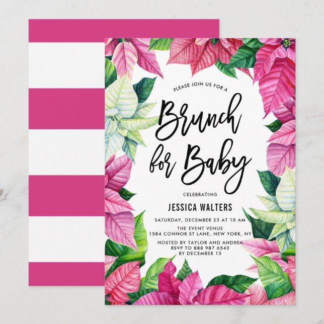 Watercolor Pink Poinsettias Baby Shower Brunch Invitation (Front/Back)