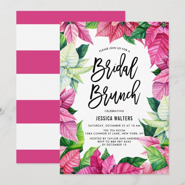 Watercolor Pink Poinsettias Floral Bridal Brunch Invitation (Front/Back)