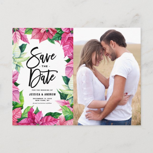 Watercolor Pink Poinsettias Photo Save the Date Postcard (Front)