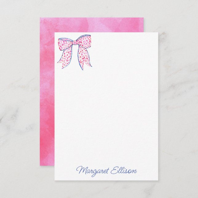 Watercolor Pink Polka Dot Bow Note Cards (Front/Back)
