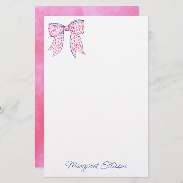 Watercolor Pink Polka Dot Bow Stationery (Front/Back)
