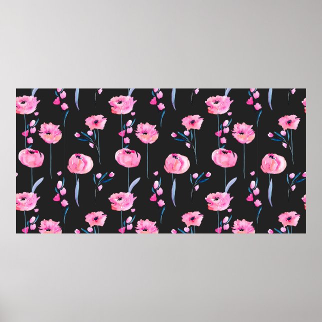 Watercolor pink poppies and floral branches seamle poster (Front)