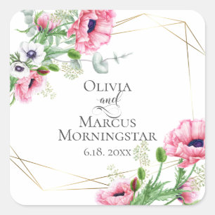 Watercolor Pink Poppies Anemones and Foliage Square Sticker