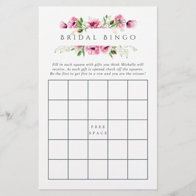 Watercolor Pink Poppies Bridal Shower Bingo (Front)