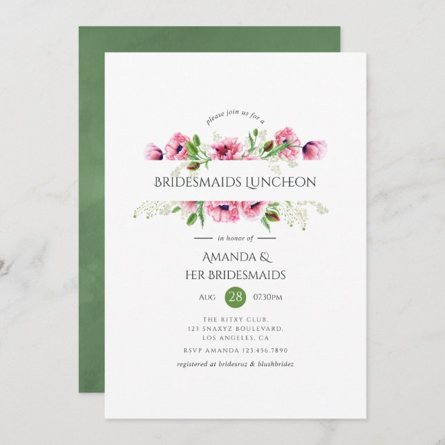 Watercolor Pink Poppies Bridesmaids Luncheon Invitation (Front/Back)