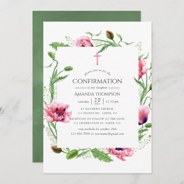 Watercolor Pink Poppies Confirmation Invitation (Front/Back)