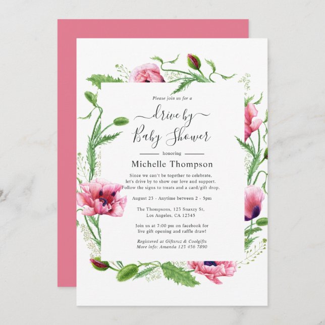 Watercolor Pink Poppies Wedding Invitation (Front/Back)