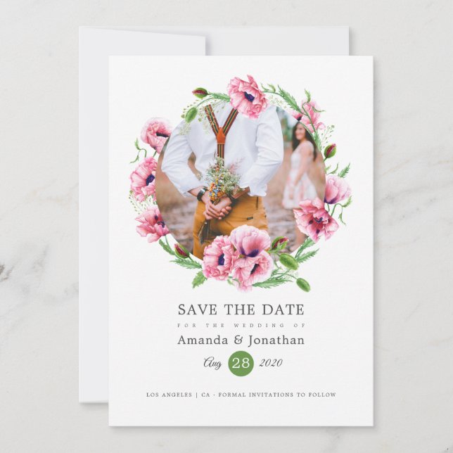 Watercolor Pink Poppies Wedding Photo Save The Date (Front)