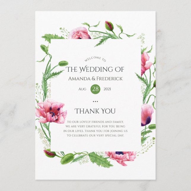 Watercolor Pink Poppies Wedding Programme (Front)