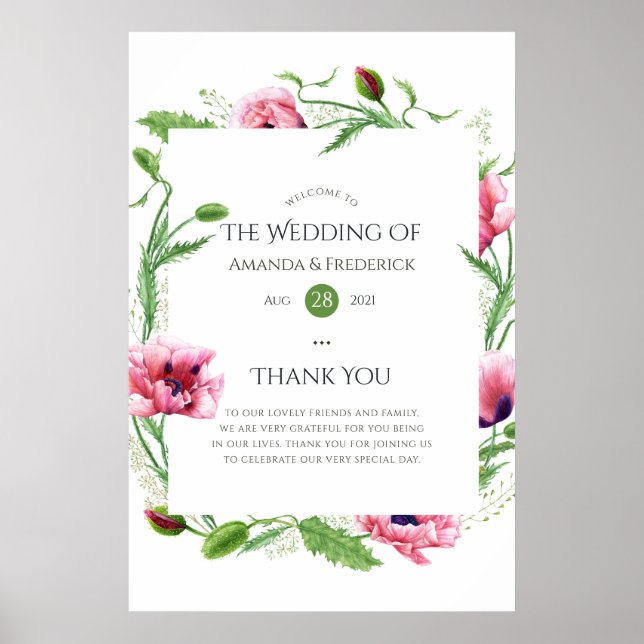 Watercolor Pink Poppies Wedding Welcome Poster (Front)
