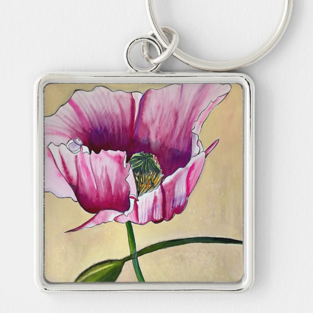 Watercolor pink poppy art flower key ring (Front)