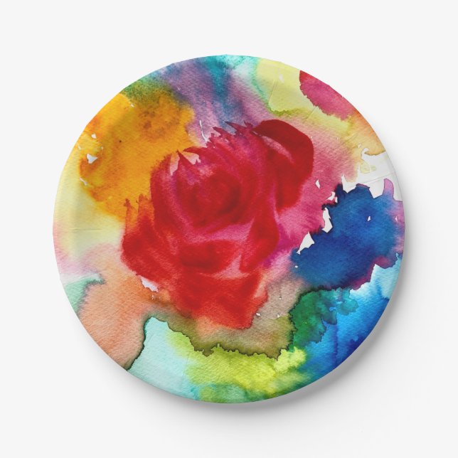 Watercolor pink poppy art flower paper plate (Front)